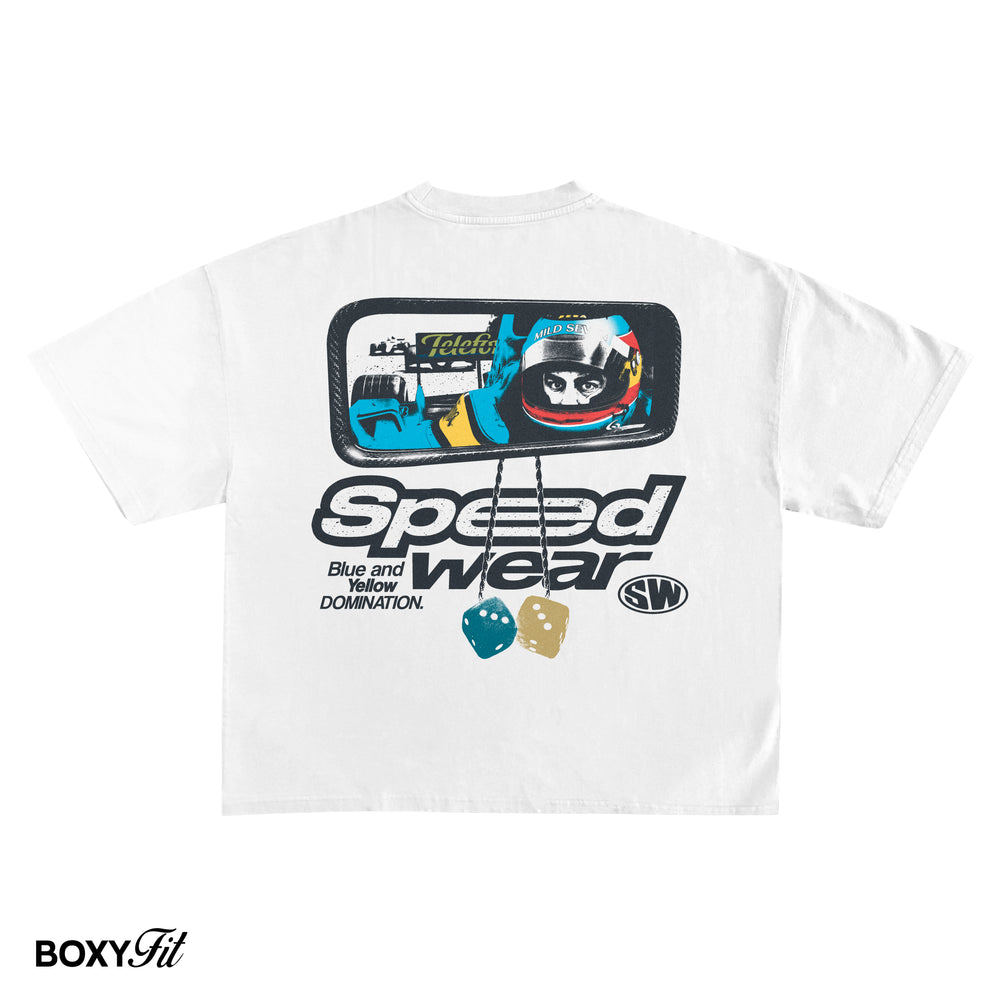 Camiseta Boxy Fit "Blue & Yellow Dominance" - Blanco